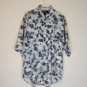 Against the Elements Men's XL Blue White Giomatric Island Print Cotton Shirt
